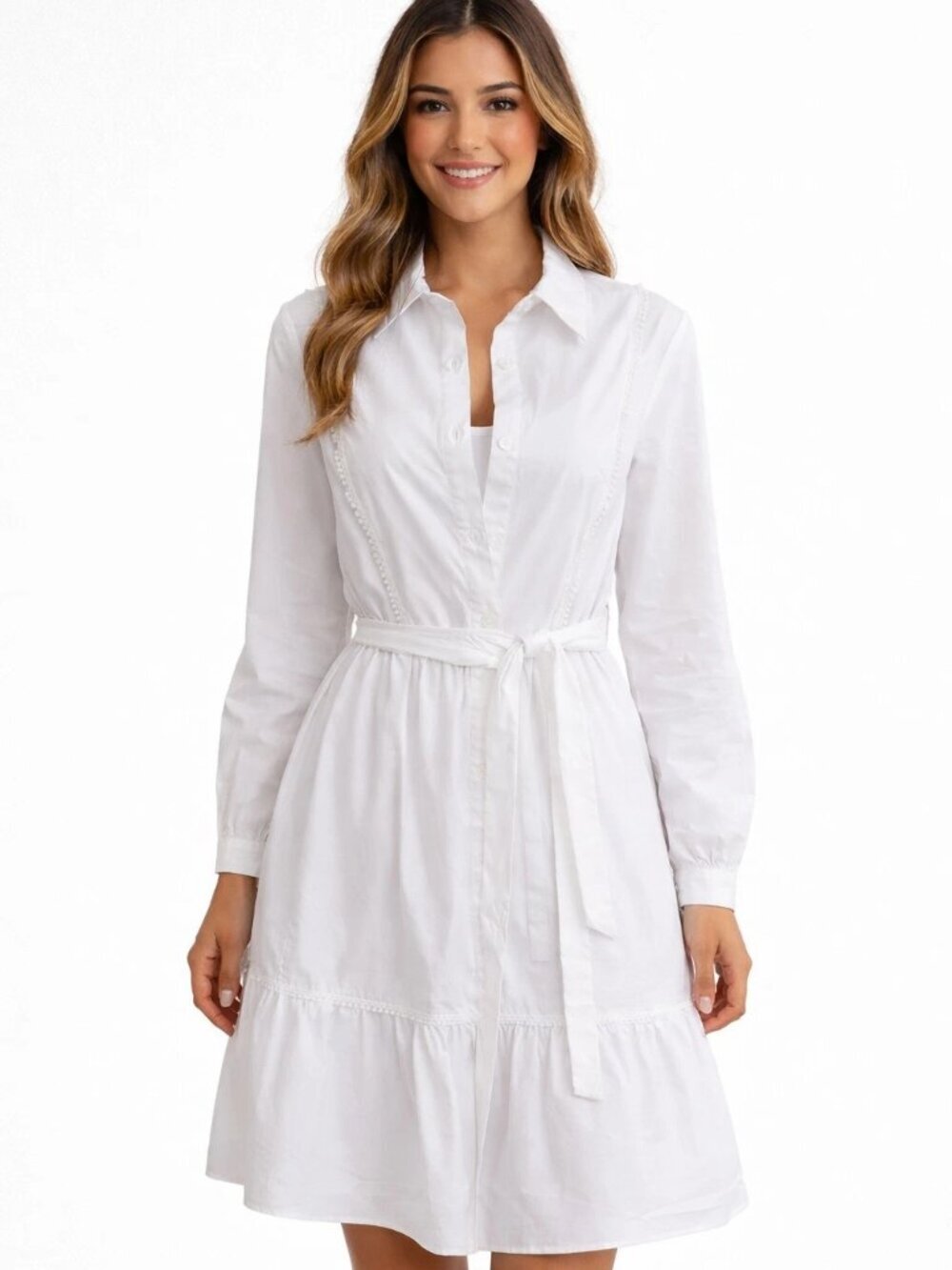 Nanette Lepore Belted White Long-Sleeve Button-Front Dress Size L NWT